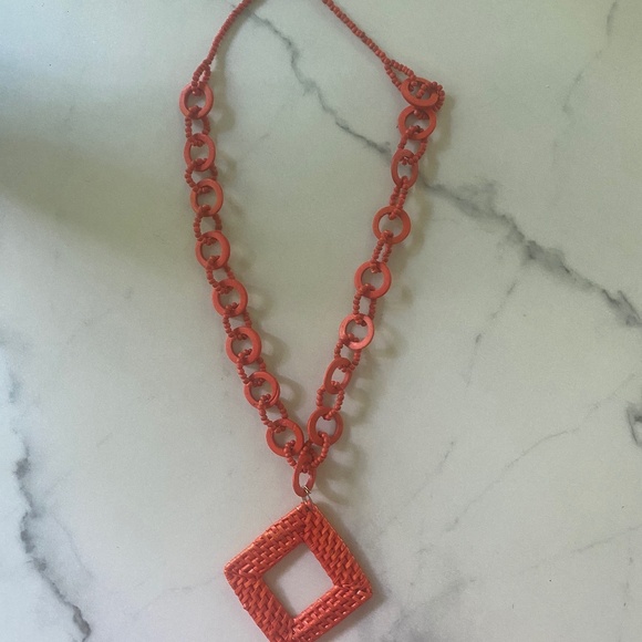 Wood Necklace with Raffia pendent Orange 24” chain - Picture 1 of 5